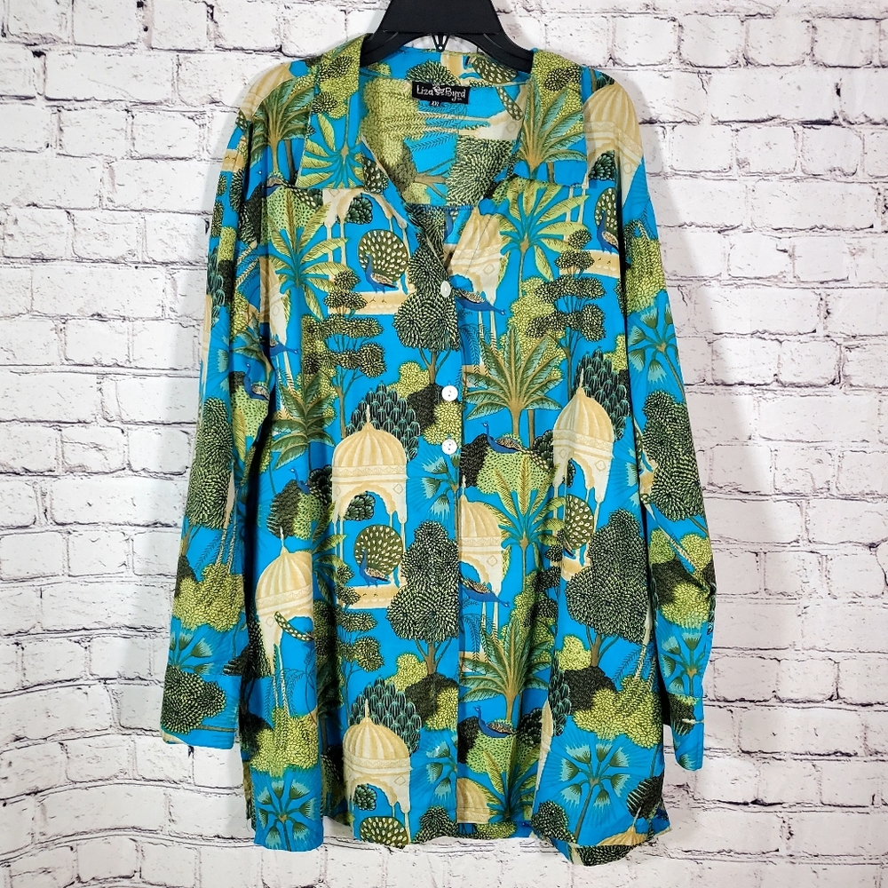Liza Byrd Blue Peacock Fauna Print 1/2 Hidden Button Up Blouse Top Shirt XXL